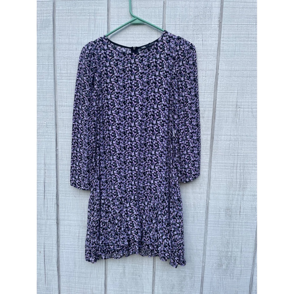 Zara Floral‎ Print Mini Dress Long Sleeve Casual Purple Black Size M